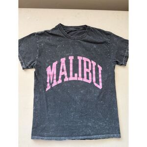Malibu Graphic Tee Gray Acid Wash Pink Varsity Lettering Retro Size S